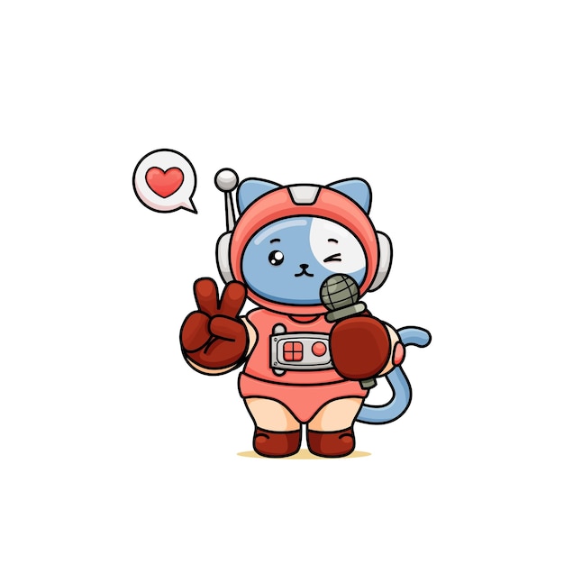 a cute cat cartoon in an astronaut costume holding a mic with peace sign finger