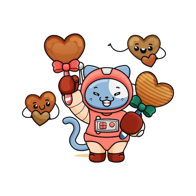 a cute cat cartoon in an astronaut costume holding two chocolate heart candy and love character