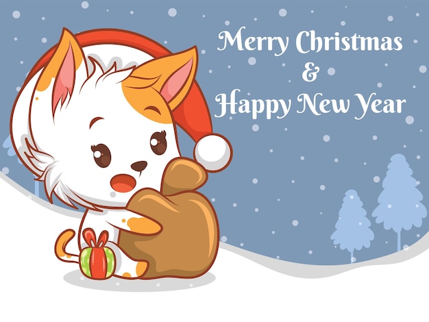 Cute cat cartoon character with merry christmas and happy new year greeting banner