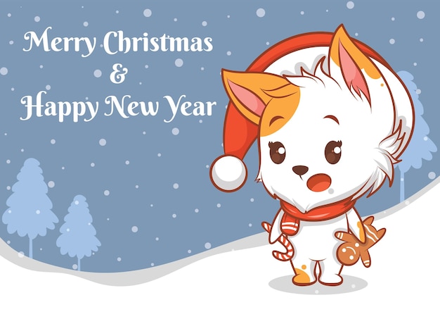 Cute cat cartoon character with merry christmas and happy new year greeting banner