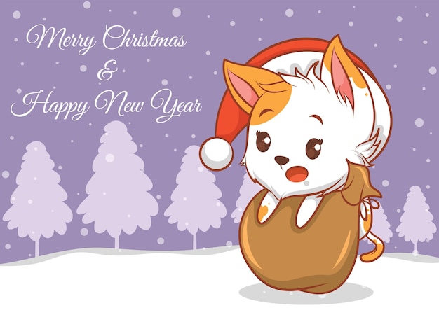 Cute cat cartoon character with merry christmas and happy new year greeting banner