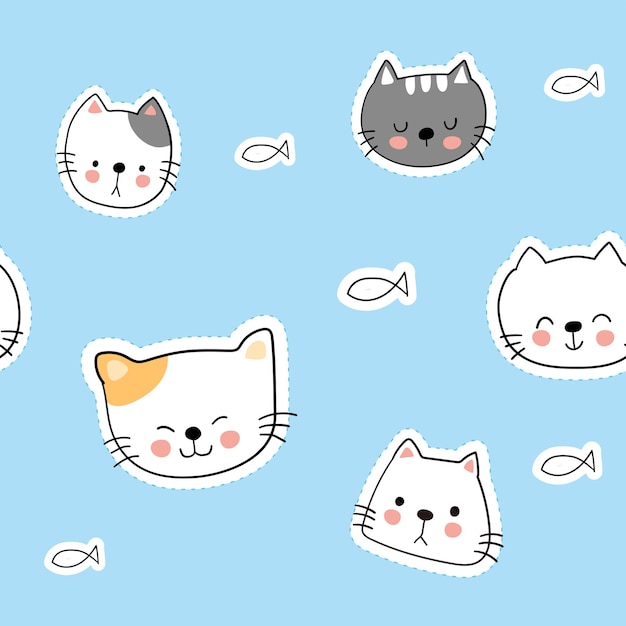 Cute cat cartoon doodle seamless pattern on blue pastel
 Premium Vector