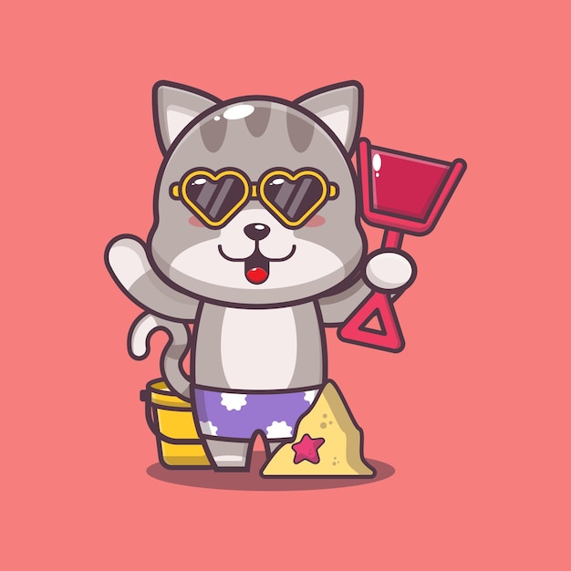 Cute cat cartoon mascot character playing sand beach