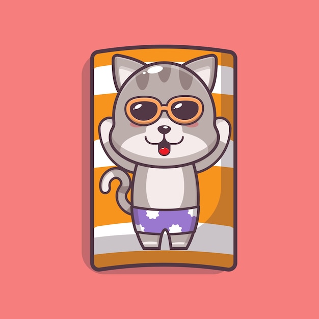 Cute cat cartoon mascot character sleep on beach