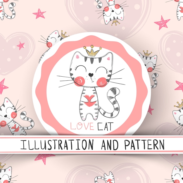 Vector cute cat cartoon seamless pattern