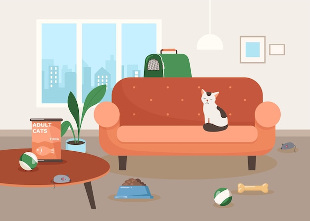 Cute cat character sitting on sofa in living room illustration