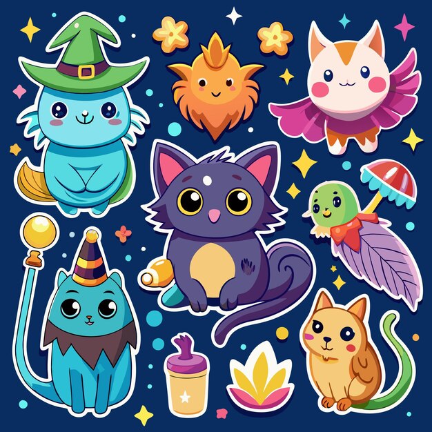 Vector cute cat character stickers on blue background