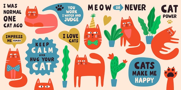 Cute cat characters collection with lettering phrases. doodle illustration set