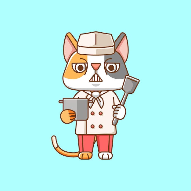 Cute cat chef cook serve food animal chibi character mascot icon flat line art style illustration