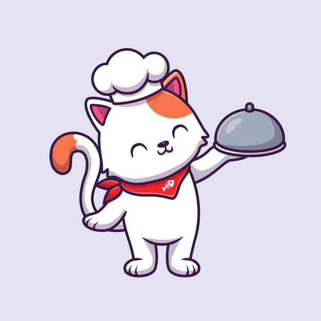 Vector cute cat chef holding cloche food cartoon vector  illustration. 