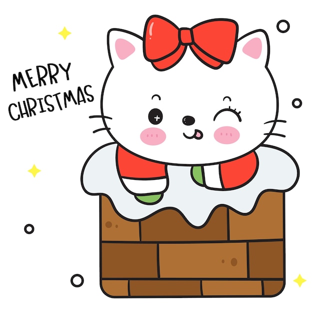 Cute cat christmas cartoon in chimney kawaii kitten happy new year card winter animal