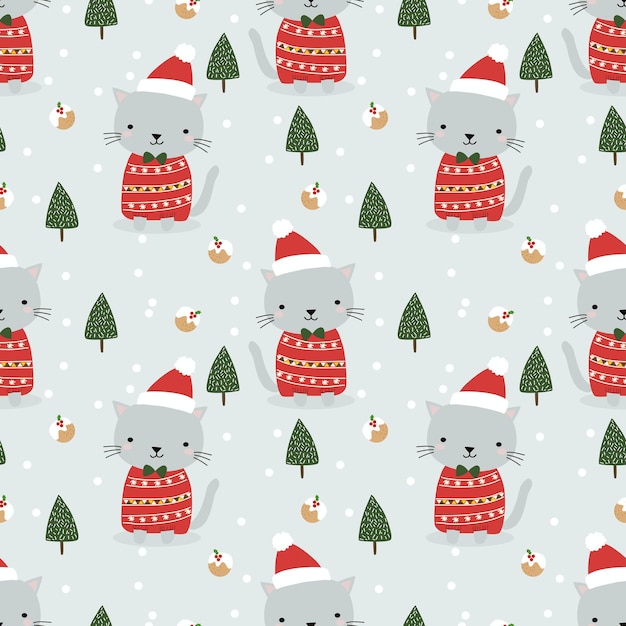 Cute cat in Christmas theme seamless pattern