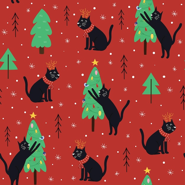 Cute cat and Christmas tree seamless pattern Kitten sharpens its claws on the Christmas tree