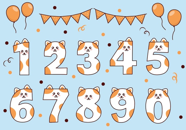 Cute cat collection with numbering for birthday party kid education ornament Animal font