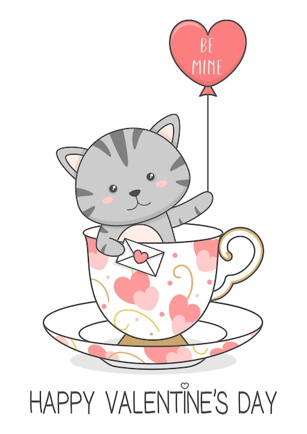 cute cat in a cup holding love letter and balloon valentines day