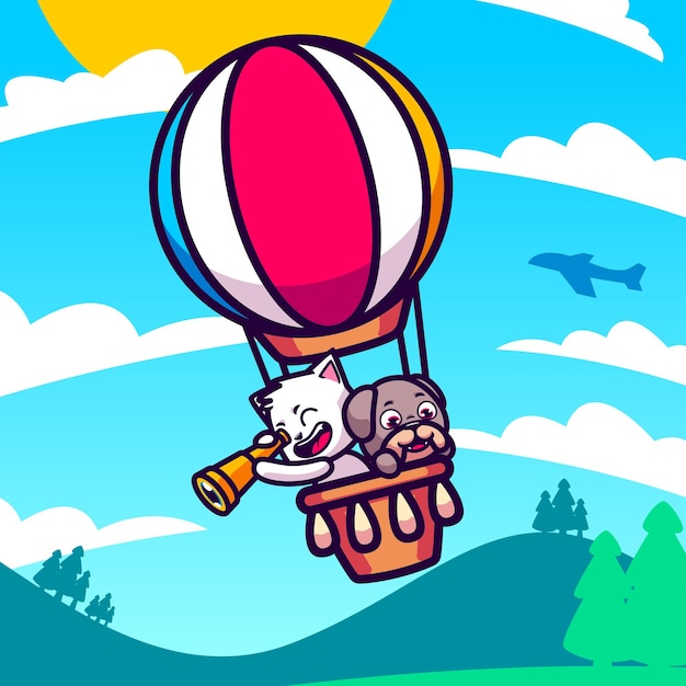 Cute cat and dog flying with hot air balloon cartoon illustration