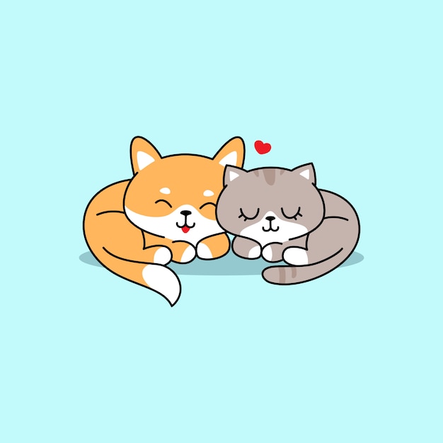 Cute Cat and Dog illustration, Shiba inu sleeping with cute cat