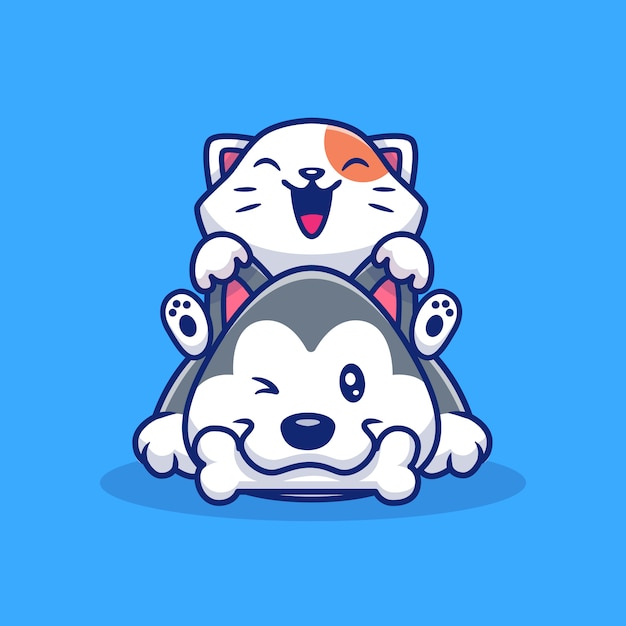 Cute Cat And Dog With Bone   Icon Illustration. Animal Icon Concept Isolated  . Flat Cartoon Style