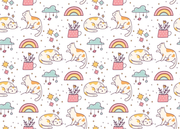 Cute cat doodle seamless pattern