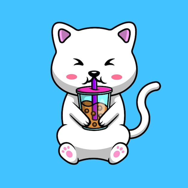 Cute Cat Drink Boba Milk Tea Cartoon Vector Icon Illustration