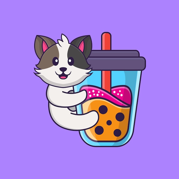 Cute cat Drinking Boba milk tea Animal cartoon concept isolated