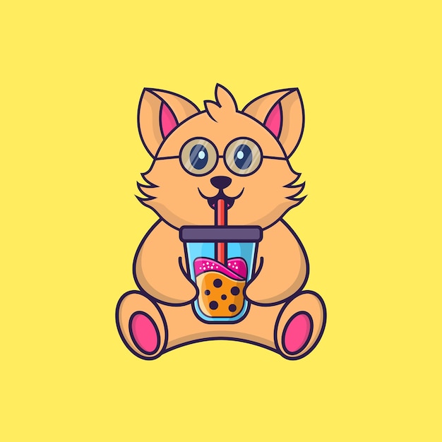 Cute cat Drinking Boba milk tea Animal cartoon concept isolated