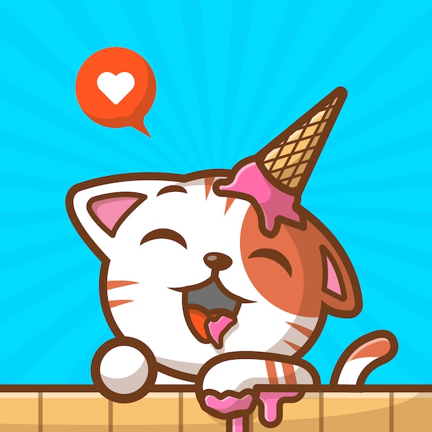 Cute Cat Eat Ice Cream With Love Vector Icon Illustration. Cat With Ice Cream On Head, Animal Logo Icon Concept