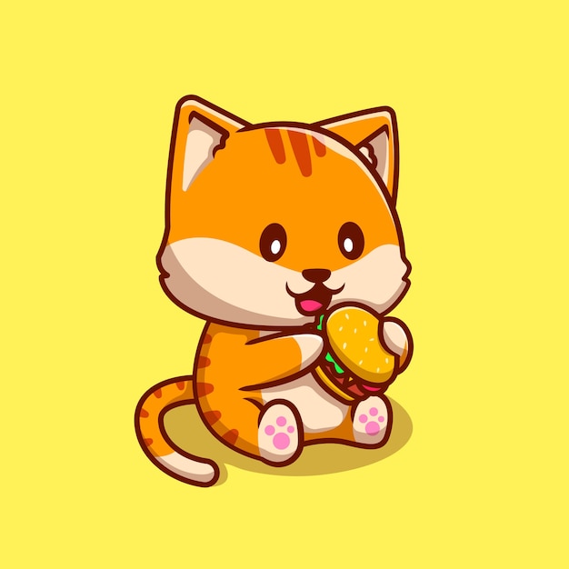 Cute Cat Eating Burger Cartoon   Icon Illustration. Animal Food Icon Concept Isolated  . Flat Cartoon Style