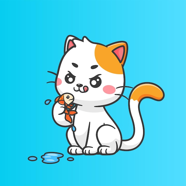 Cute Cat Eating Fish Cartoon Vector Icon Illustration Animal Food Icon Isolated Flat Vector