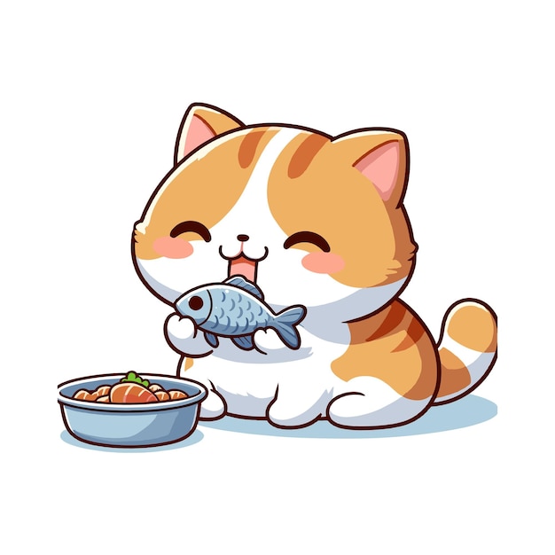 cute cat eating fish cartoon vector on white background