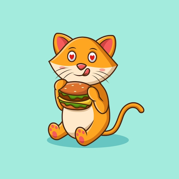 Cute cat eating hamburger Vector illustration