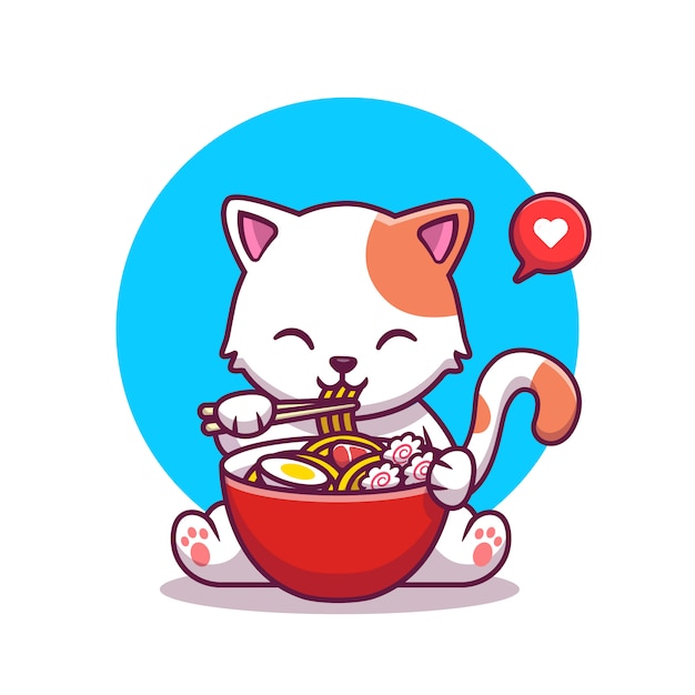 Cute Cat Eating Noodle With Chopstick Cartoon Icon Illustration. Animal Food Icon Concept Isolated Premium . Flat Cartoon Style