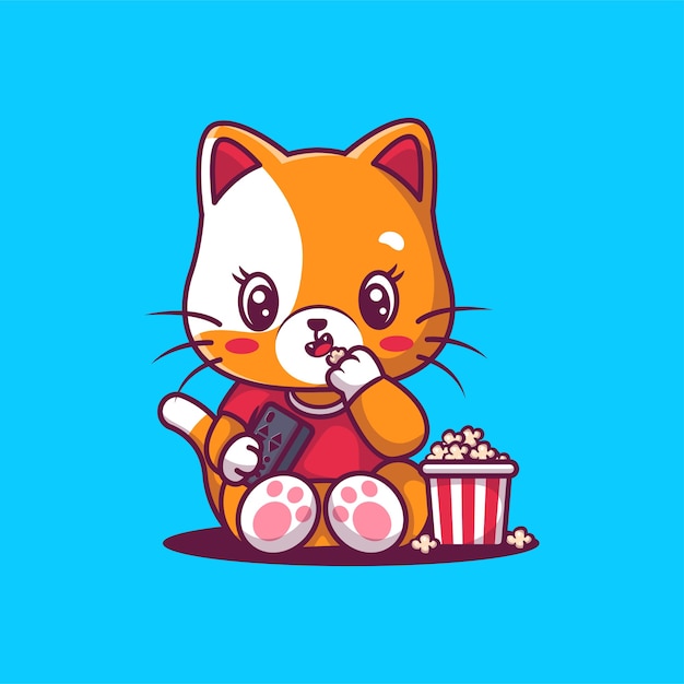 Cute cat eating popcorn illustration.