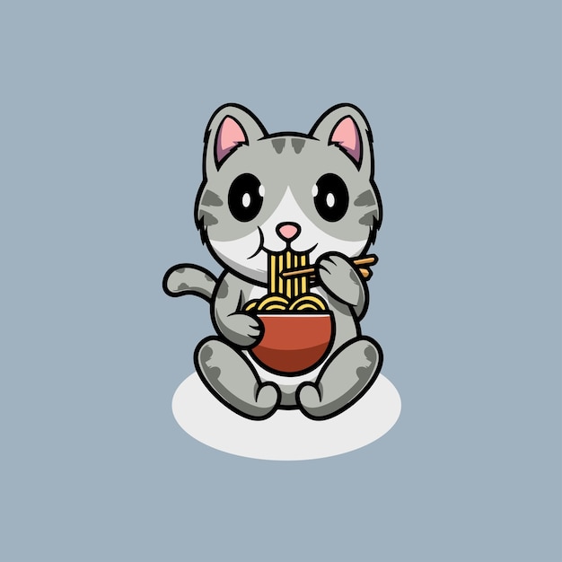 Cute cat eating ramen cartoon icon illustration