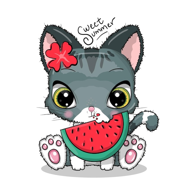 Cute cat eating watermelon illustration