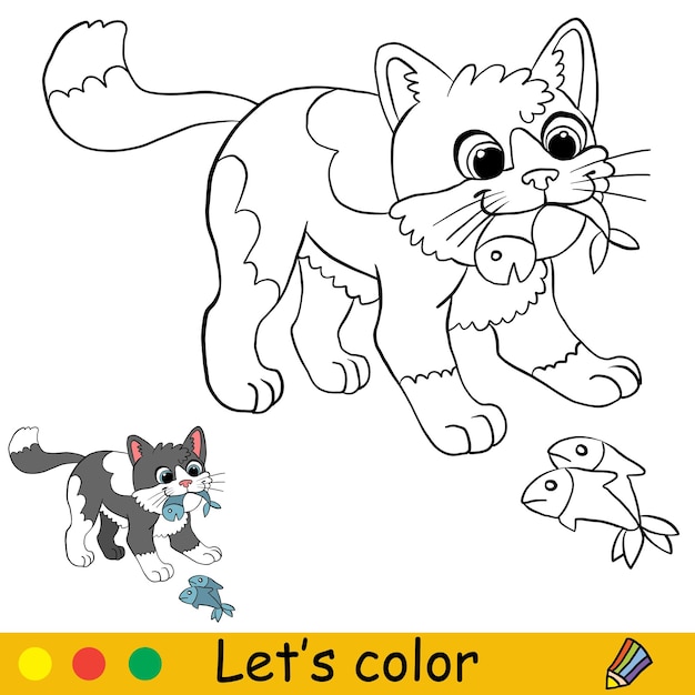 Cute cat eats a fish coloring with template