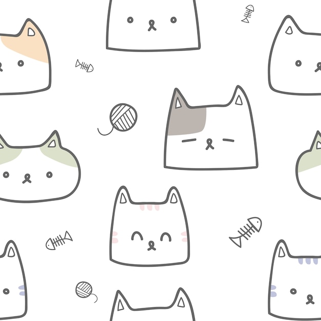 Cute cat face cartoon doodle pastel seamless pattern