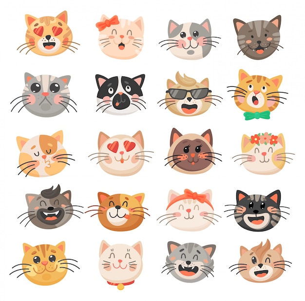 Cute cat faces, kitten or kitty animal emoticons