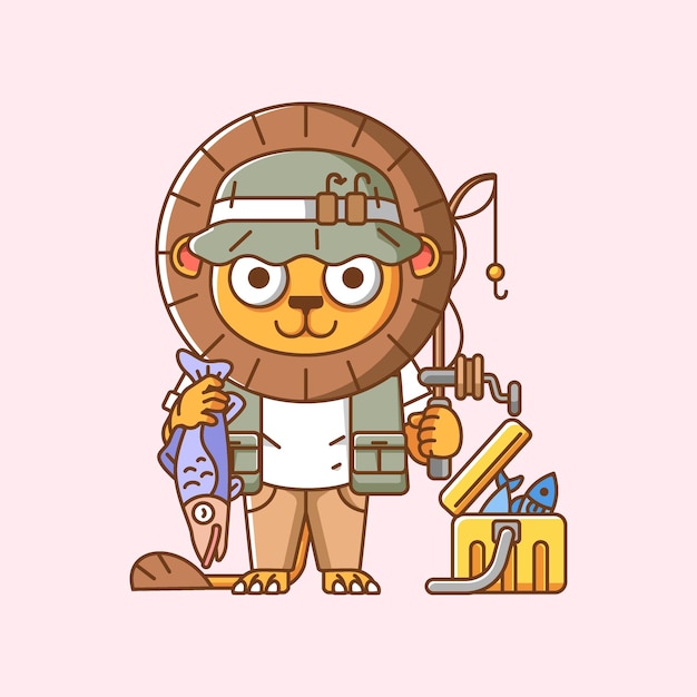 Cute cat fisher fishing animal chibi character mascot icon flat line art style illustration