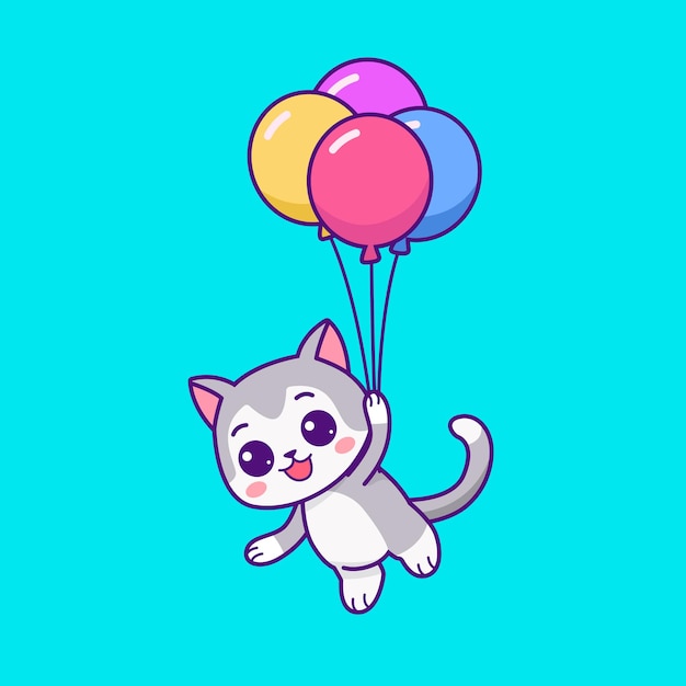 Vector cute cat floating with balloon cartoon vector illustration