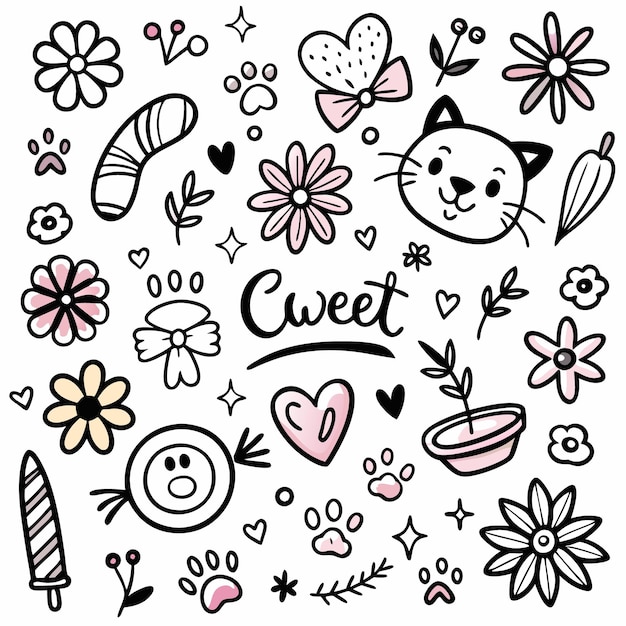 Vector cute cat and floral doodle pattern adorable pink and white design