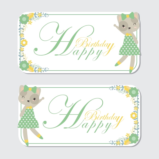 Cute cat and flower border cartoon birthday label