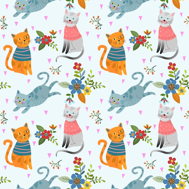 Cute cat in flowers garden seamless pattern.