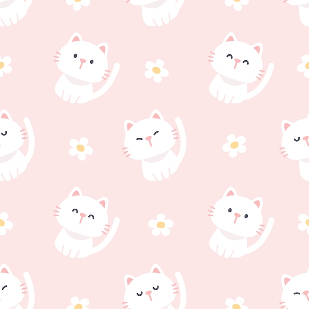 Cute cat and flowers seamless pattern background