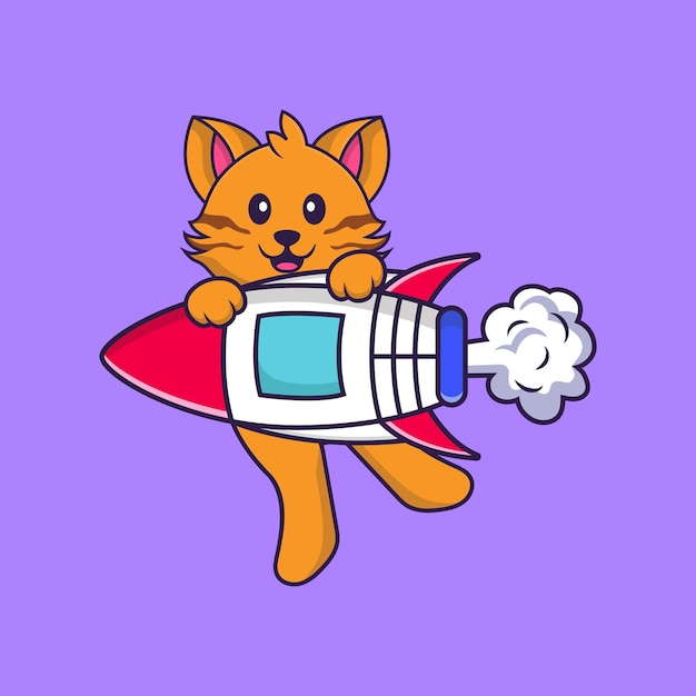 Cute cat flying on rocket Animal cartoon concept isolated