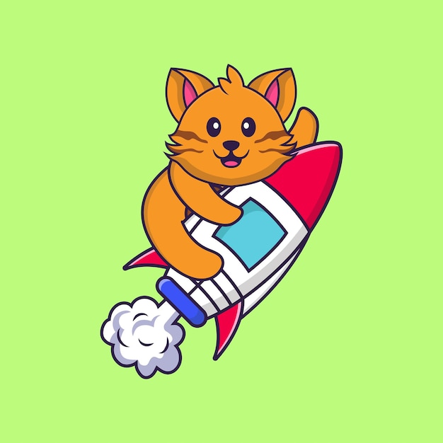 Cute cat flying on rocket. Animal cartoon concept isolated.