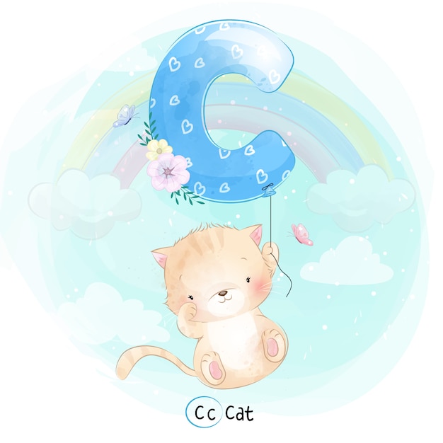 Cute Cat flying with alphabet-C balloon