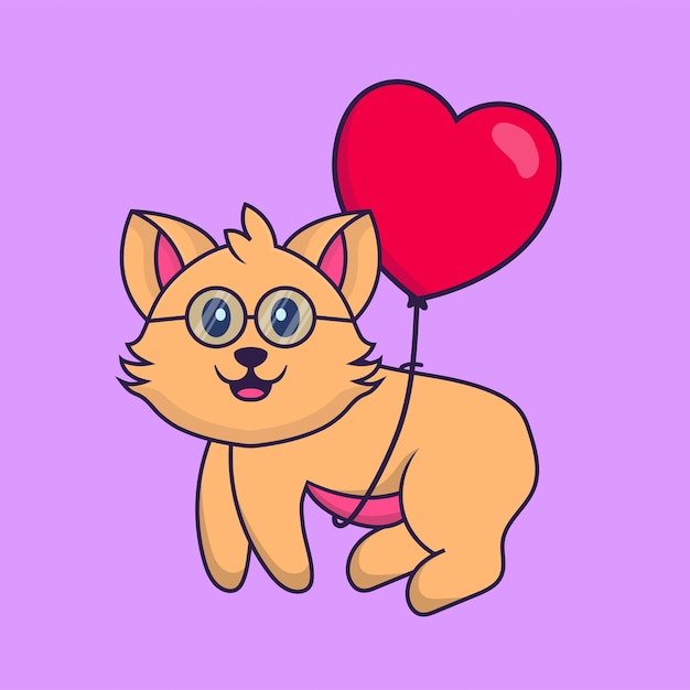 Cute cat flying with love shaped balloons. Animal cartoon concept isolated.