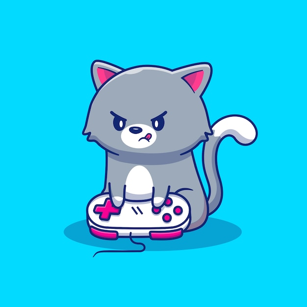 Cute Cat Gaming   Icon Illustration. Animal Game Icon Concept Isolated   . Flat Cartoon Style