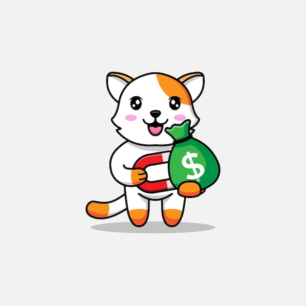 Cute cat gets a bag of money with a magnet